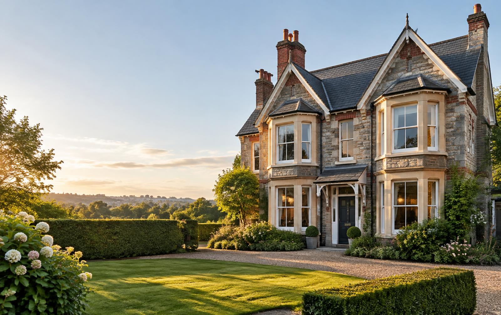 Detached British stone house at golden hour